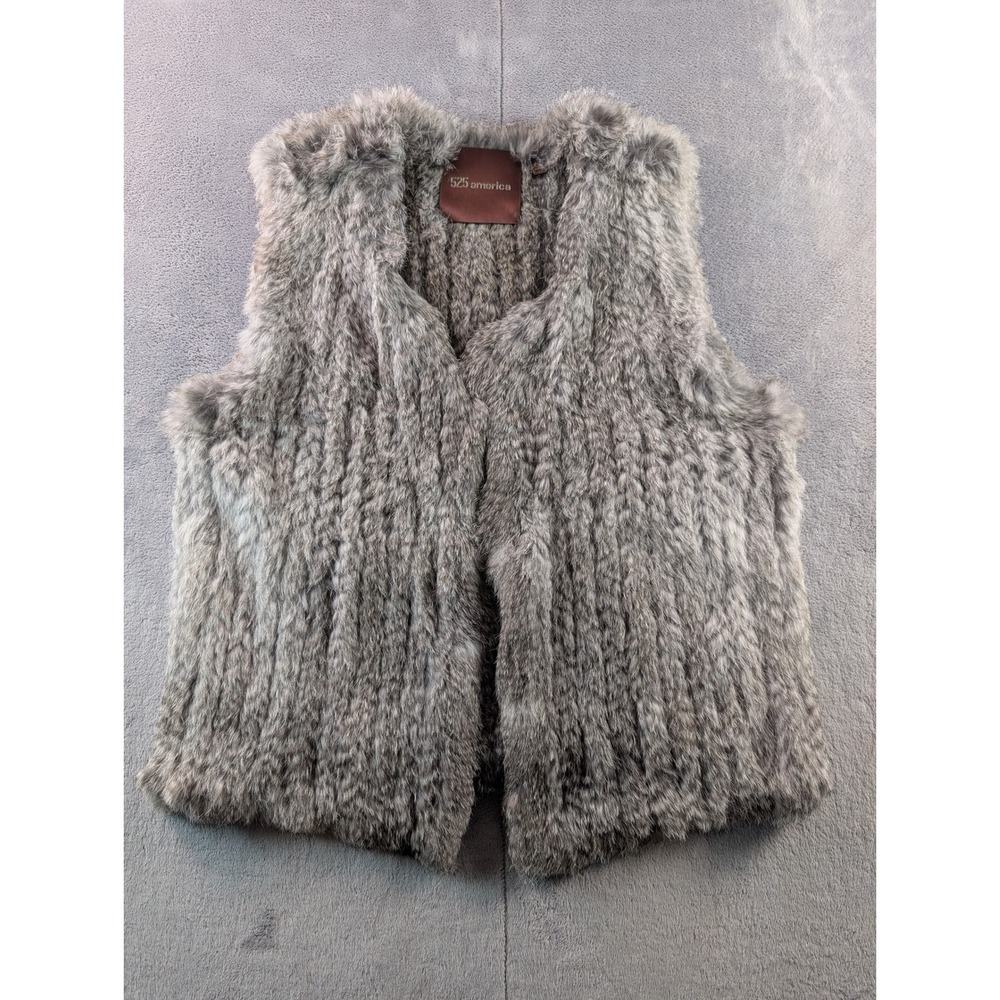 525 America Womens Gray Rabbit Fur Vest Size S Natural Color Open Front Vest